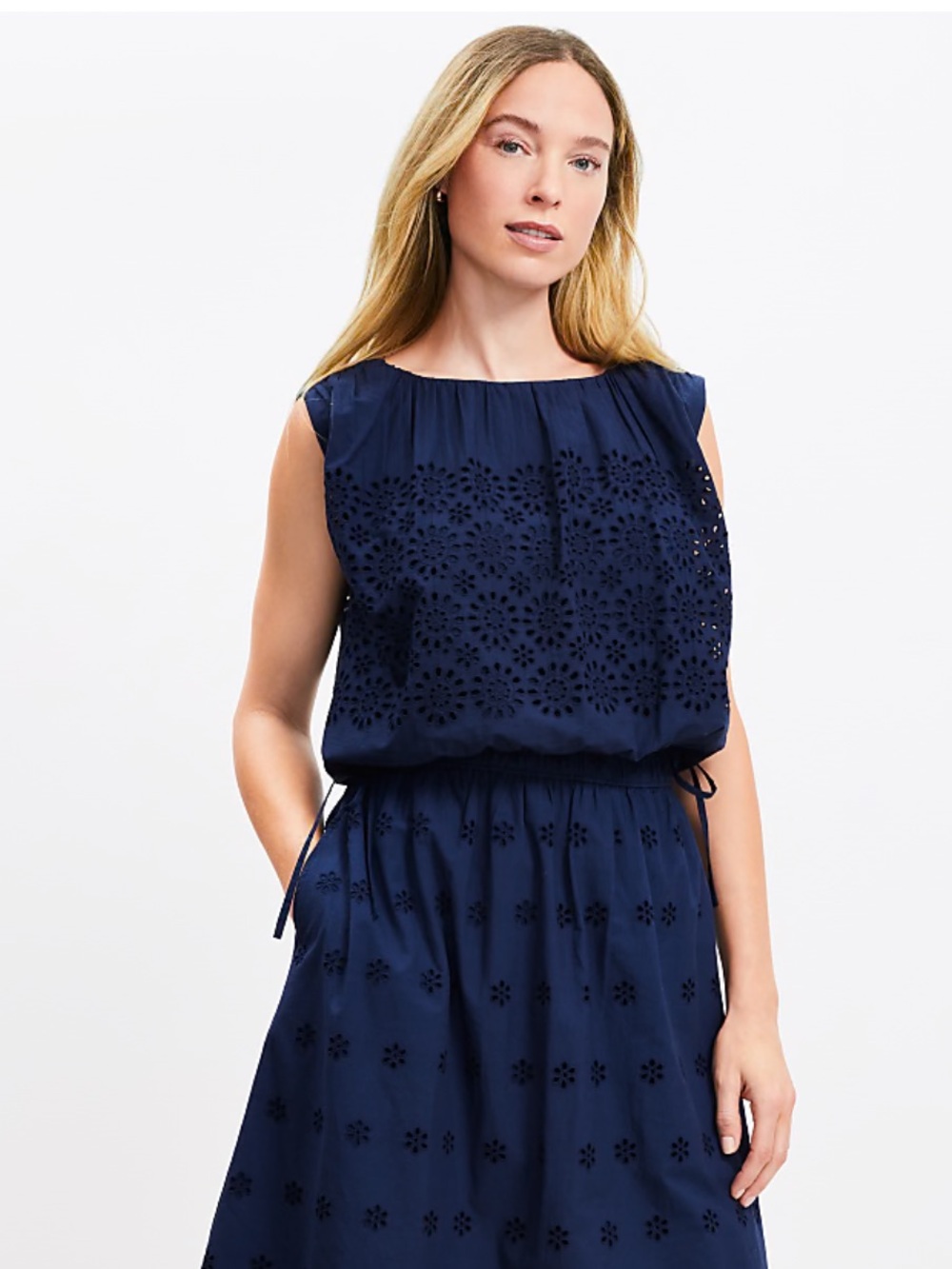 LOFT Navy Eyelet Sleeveless Drawstring Tank